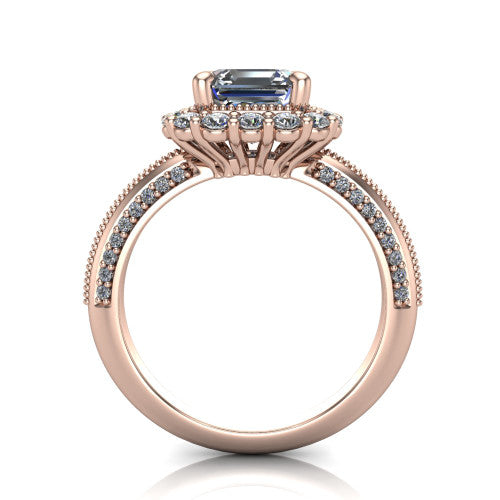 Lily square emerald vintage double halo engagement ring in 18K Rose Gold, through-finger front profile showing the double halo head and openwork gallery above the pav&eacute; split shank
