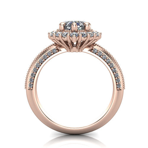Lily heart vintage double halo engagement ring in 14K Rose Gold, through-finger front profile showing the double halo head and openwork gallery above the pav&eacute; split shank