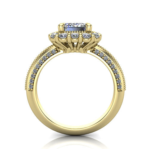 Lily emerald vintage double halo engagement ring in 14K Yellow Gold, through-finger front profile showing the double halo head and openwork gallery above the pav&eacute; split shank