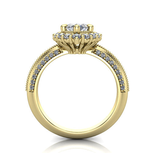 Lily marquise vintage double halo engagement ring in 14K Yellow Gold, through-finger front profile showing the double halo head and openwork gallery above the pav&eacute; split shank