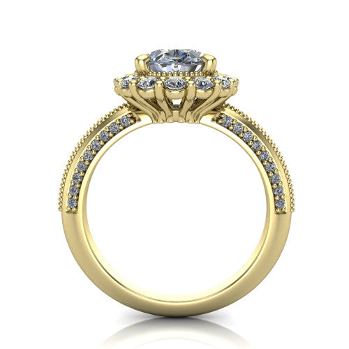 Lily oval vintage double halo engagement ring in 18K Yellow Gold, through-finger front profile showing the double halo head and openwork gallery above the pav&eacute; split shank