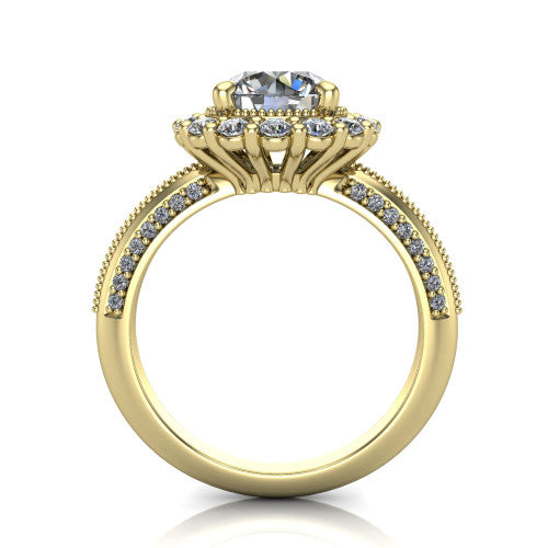 Lily round vintage double halo engagement ring in 14K Yellow Gold, through-finger front profile showing the double halo head and openwork gallery above the pav&eacute; split shank