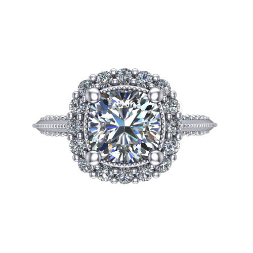 Lily cushion vintage double halo engagement ring in Platinum, top-down view showing the inner and outer squared pav&eacute; halo framing the cushion center with milgrain edges