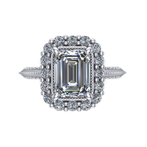 Lily emerald vintage double halo engagement ring in 14K White Gold, top-down view showing the inner and outer squared pav&eacute; halo framing the emerald center with milgrain edges