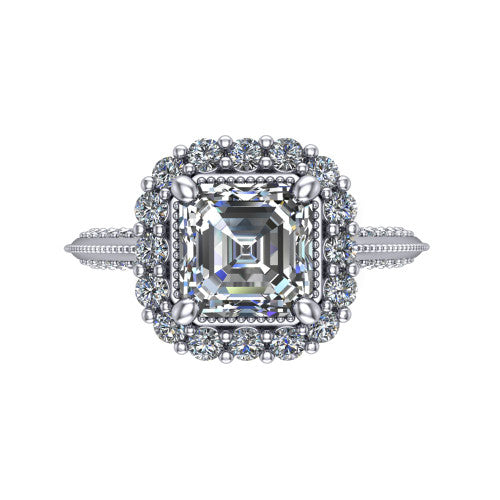 Lily square emerald vintage double halo engagement ring in 14K White Gold, top-down view showing the inner and outer squared pav&eacute; halo framing the square emerald center with milgrain edges