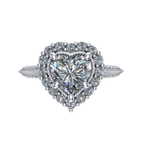Lily heart vintage double halo engagement ring in 14K White Gold, top-down view showing the inner and outer squared pav&eacute; halo framing the heart center with milgrain edges