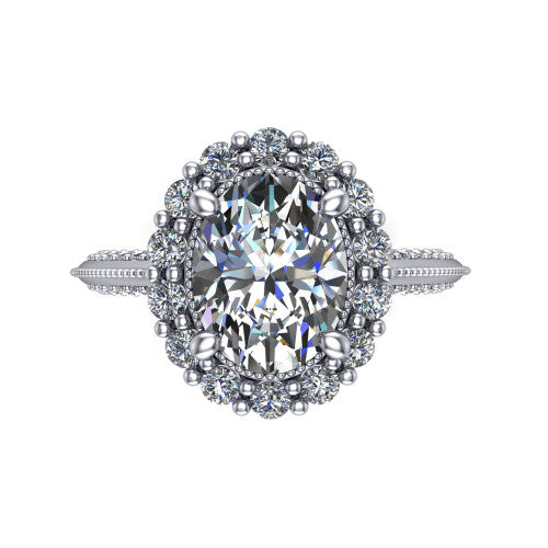 Lily oval vintage double halo engagement ring in Platinum, top-down view showing the inner and outer squared pav&eacute; halo framing the oval center with milgrain edges