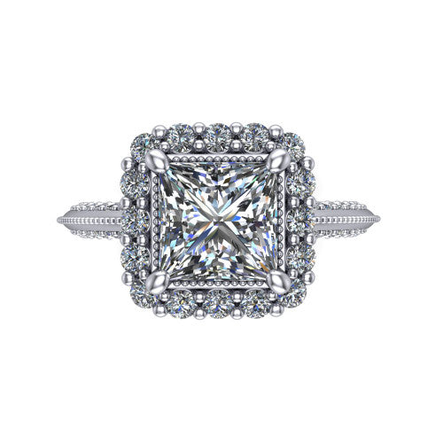 Lily princess vintage double halo engagement ring in 14K White Gold, top-down view showing the inner and outer squared pav&eacute; halo framing the princess center with milgrain edges
