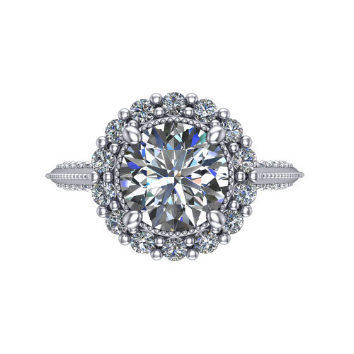 Lily round vintage double halo engagement ring in 18K White Gold, top-down view showing the inner and outer squared pav&eacute; halo framing the round center with milgrain edges