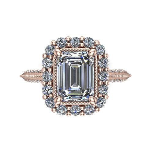 Lily emerald vintage double halo engagement ring in 18K Rose Gold, top-down view showing the inner and outer squared pav&eacute; halo framing the emerald center with milgrain edges