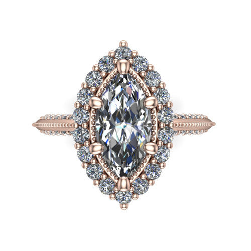 Lily marquise vintage double halo engagement ring in 18K Rose Gold, top-down view showing the inner and outer squared pav&eacute; halo framing the marquise center with milgrain edges