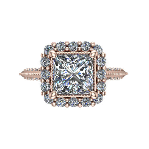 Lily princess vintage double halo engagement ring in 18K Rose Gold, top-down view showing the inner and outer squared pav&eacute; halo framing the princess center with milgrain edges