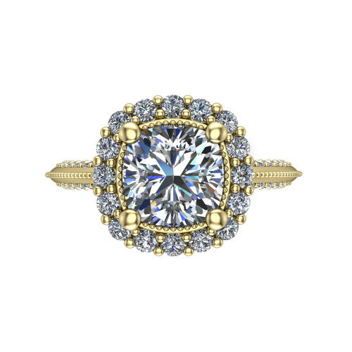 Lily cushion vintage double halo engagement ring in 18K Yellow Gold, top-down view showing the inner and outer squared pav&eacute; halo framing the cushion center with milgrain edges