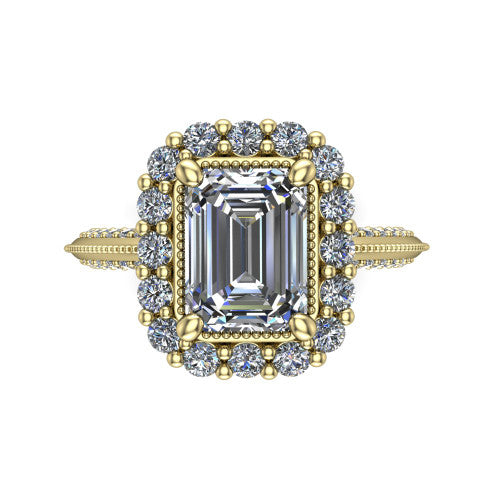 Lily emerald vintage double halo engagement ring in 14K Yellow Gold, top-down view showing the inner and outer squared pav&eacute; halo framing the emerald center with milgrain edges