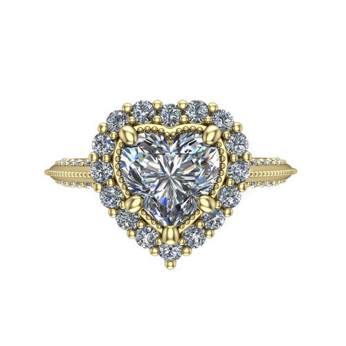 Lily heart vintage double halo engagement ring in 14K Yellow Gold, top-down view showing the inner and outer squared pav&eacute; halo framing the heart center with milgrain edges