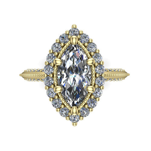Lily marquise vintage double halo engagement ring in 18K Yellow Gold, top-down view showing the inner and outer squared pav&eacute; halo framing the marquise center with milgrain edges