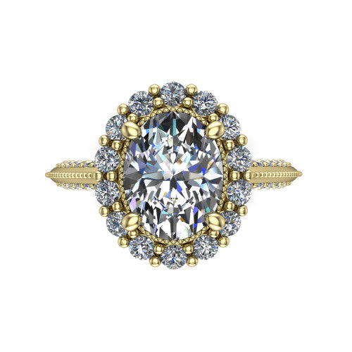 Lily oval vintage double halo engagement ring in 14K Yellow Gold, top-down view showing the inner and outer squared pav&eacute; halo framing the oval center with milgrain edges