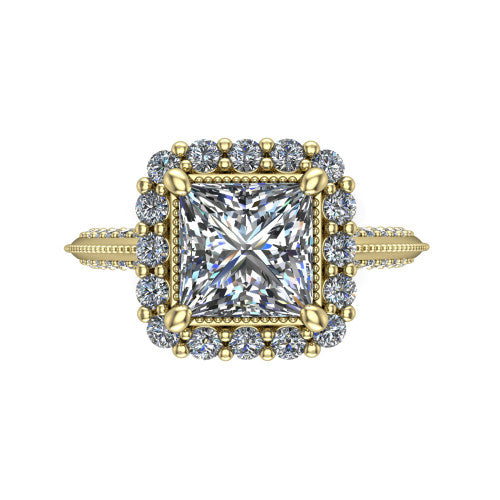Lily princess vintage double halo engagement ring in 14K Yellow Gold, top-down view showing the inner and outer squared pav&eacute; halo framing the princess center with milgrain edges