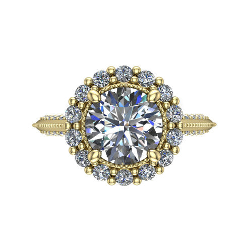 Lily round vintage double halo engagement ring in 18K Yellow Gold, top-down view showing the inner and outer squared pav&eacute; halo framing the round center with milgrain edges