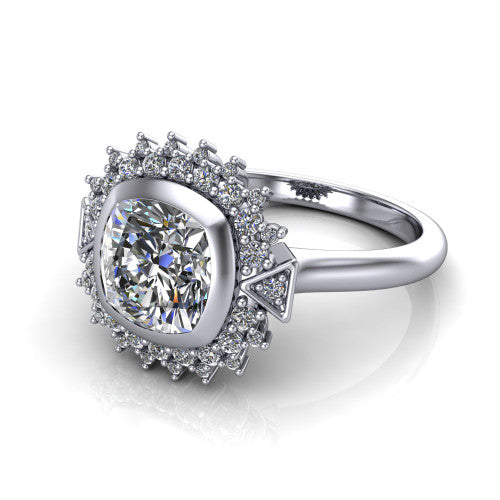 Aubrey cushion halo engagement ring in Platinum with bezel center and vintage sunburst halo, three-quarter perspective view