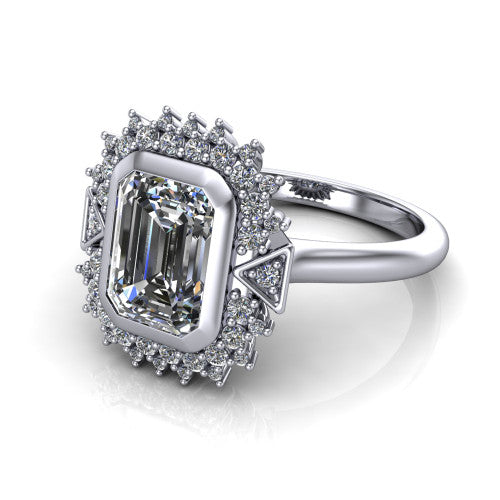 Aubrey emerald halo engagement ring in 14K White Gold with bezel center and vintage sunburst halo, three-quarter perspective view