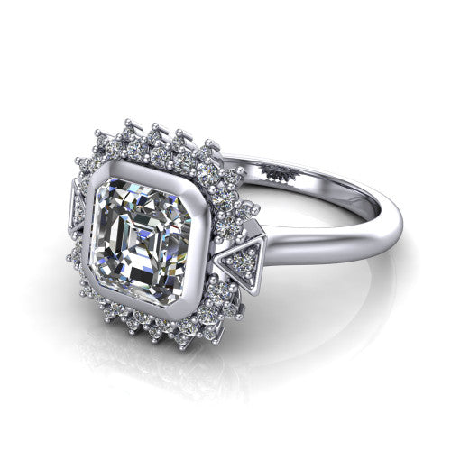 Aubrey asscher halo engagement ring in Platinum with bezel center and vintage sunburst halo, three-quarter perspective view