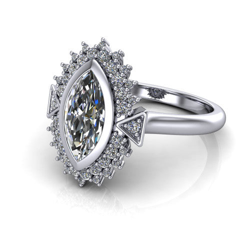 Aubrey marquise halo engagement ring in 14K White Gold with bezel center and vintage sunburst halo, three-quarter perspective view
