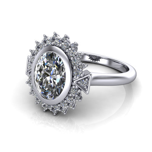 Aubrey oval halo engagement ring in 14K White Gold with bezel center and vintage sunburst halo, three-quarter perspective view