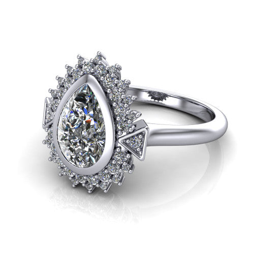 Aubrey pear halo engagement ring in Platinum with bezel center and vintage sunburst halo, three-quarter perspective view