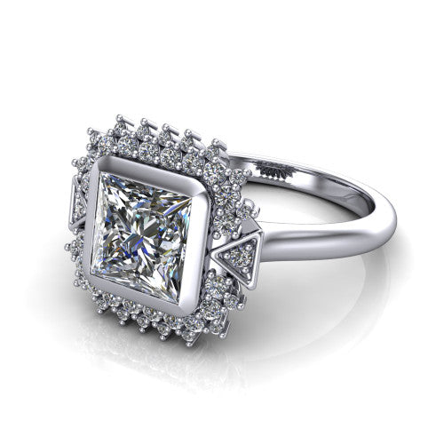Aubrey princess halo engagement ring in Platinum with bezel center and vintage sunburst halo, three-quarter perspective view