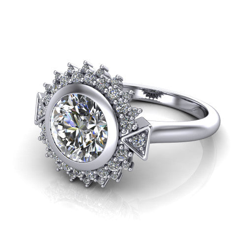 Aubrey round halo engagement ring in 14K White Gold with bezel center and vintage sunburst halo, three-quarter perspective view
