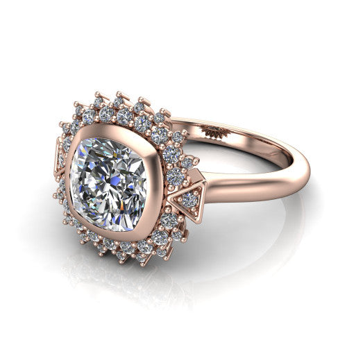 Aubrey cushion halo engagement ring in 14K Rose Gold with bezel center and vintage sunburst halo, three-quarter perspective view