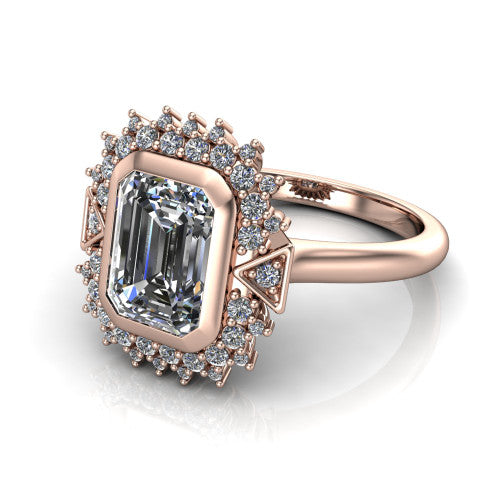 Aubrey emerald halo engagement ring in 14K Rose Gold with bezel center and vintage sunburst halo, three-quarter perspective view