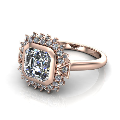 Aubrey asscher halo engagement ring in 14K Rose Gold with bezel center and vintage sunburst halo, three-quarter perspective view
