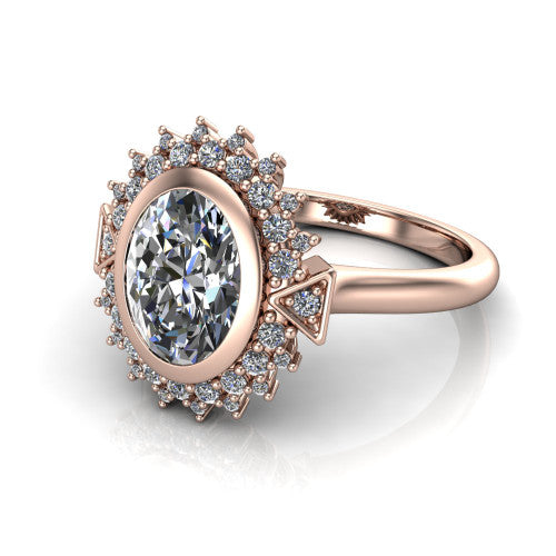 Aubrey oval halo engagement ring in 18K Rose Gold with bezel center and vintage sunburst halo, three-quarter perspective view