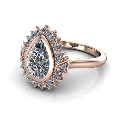 Aubrey pear halo engagement ring in 14K Rose Gold with bezel center and vintage sunburst halo, three-quarter perspective view