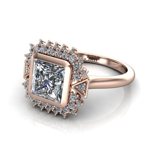 Aubrey princess halo engagement ring in 14K Rose Gold with bezel center and vintage sunburst halo, three-quarter perspective view