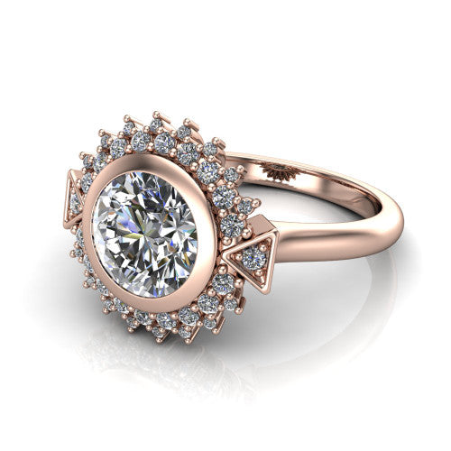 Aubrey round halo engagement ring in 18K Rose Gold with bezel center and vintage sunburst halo, three-quarter perspective view