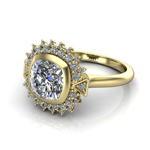 Aubrey cushion halo engagement ring in 18K Yellow Gold with bezel center and vintage sunburst halo, three-quarter perspective view