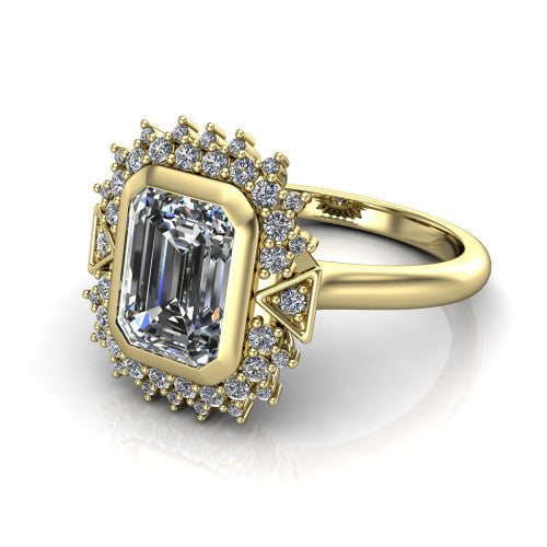 Aubrey emerald halo engagement ring in 14K Yellow Gold with bezel center and vintage sunburst halo, three-quarter perspective view