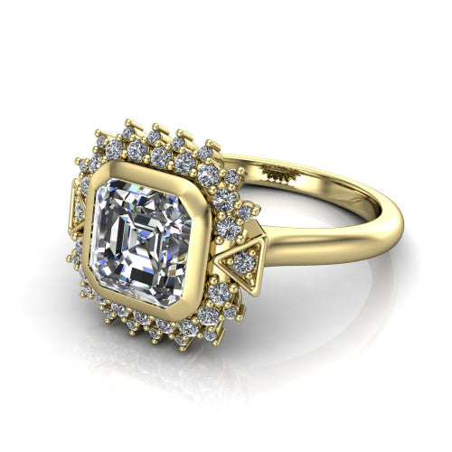 Aubrey asscher halo engagement ring in 14K Yellow Gold with bezel center and vintage sunburst halo, three-quarter perspective view