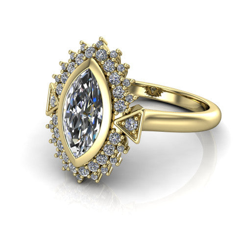 Aubrey marquise halo engagement ring in 14K Yellow Gold with bezel center and vintage sunburst halo, three-quarter perspective view