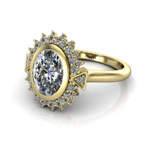 Aubrey oval halo engagement ring in 14K Yellow Gold with bezel center and vintage sunburst halo, three-quarter perspective view