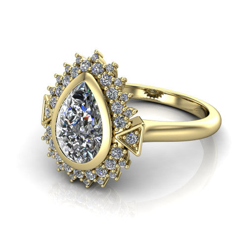 Aubrey pear halo engagement ring in 14K Yellow Gold with bezel center and vintage sunburst halo, three-quarter perspective view