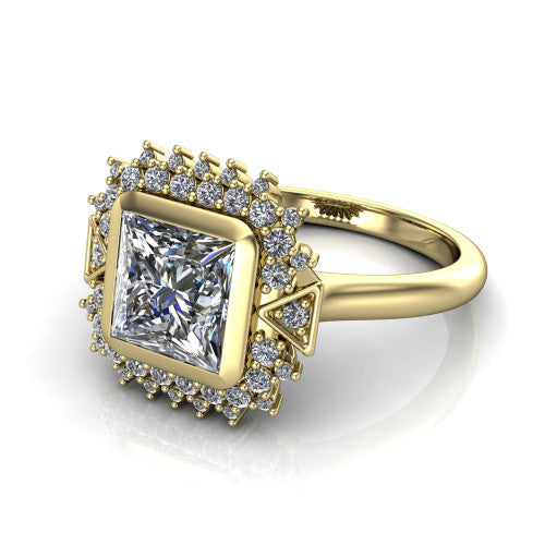 Aubrey princess halo engagement ring in 18K Yellow Gold with bezel center and vintage sunburst halo, three-quarter perspective view