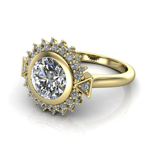 Aubrey round halo engagement ring in 14K Yellow Gold with bezel center and vintage sunburst halo, three-quarter perspective view