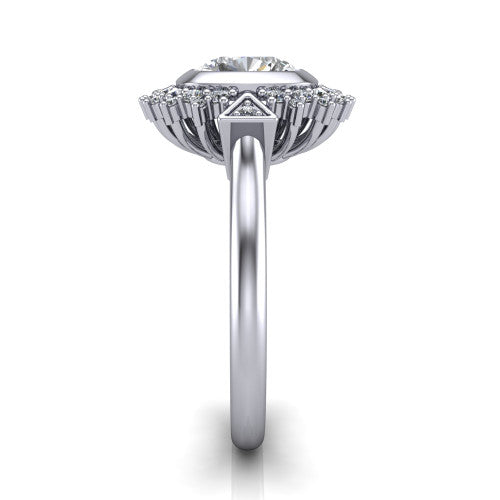 Aubrey cushion halo engagement ring in Platinum with bezel center and vintage sunburst halo, side profile showing the plain band and raised halo gallery