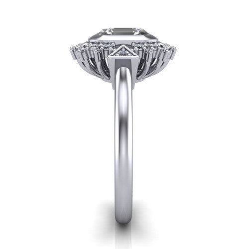 Aubrey asscher halo engagement ring in 18K White Gold with bezel center and vintage sunburst halo, side profile showing the plain band and raised halo gallery