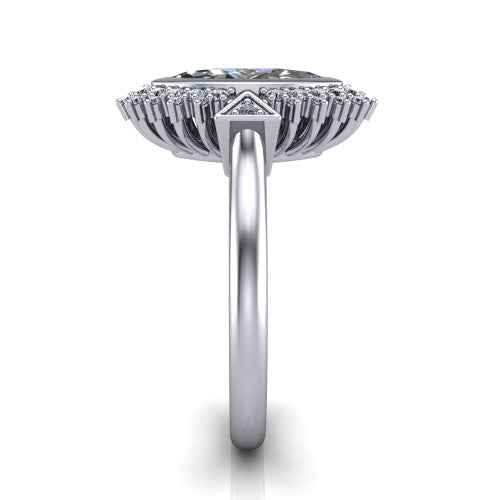 Aubrey marquise halo engagement ring in 18K White Gold with bezel center and vintage sunburst halo, side profile showing the plain band and raised halo gallery
