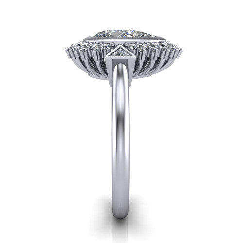 Aubrey pear halo engagement ring in Platinum with bezel center and vintage sunburst halo, side profile showing the plain band and raised halo gallery